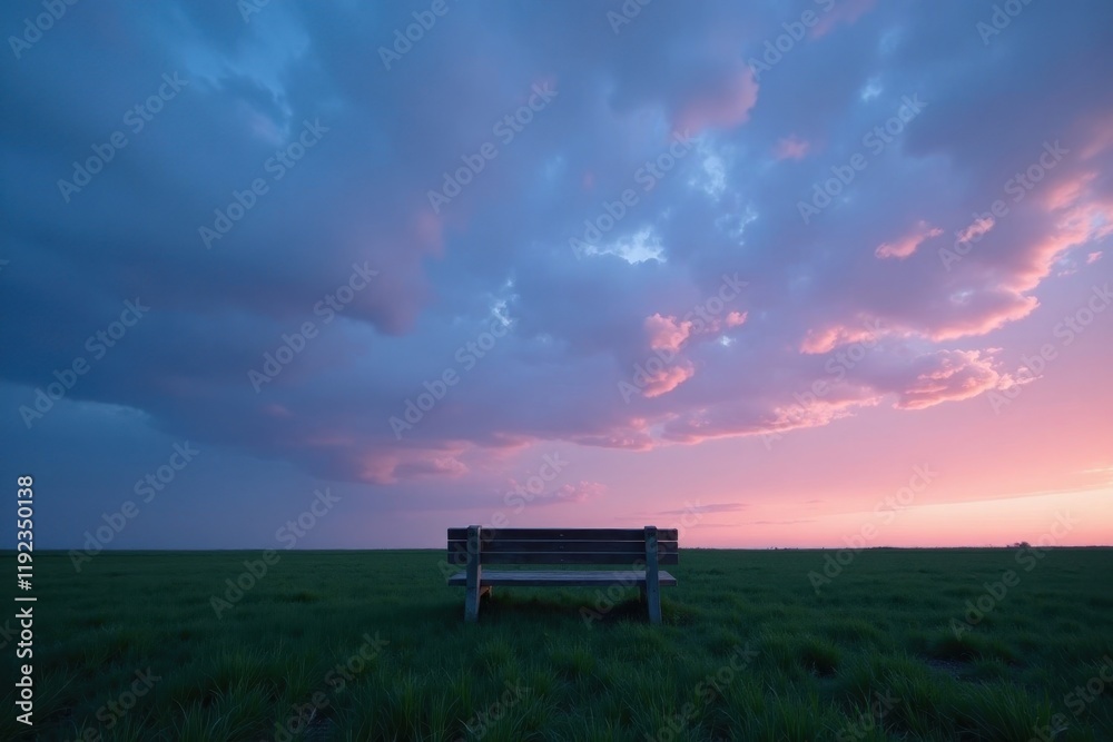 Solitary Bench at Twilight under a Pastel Sky, a Serene Pastoral Scene Solitary Bench at Twilight under a Pastel Sky, a Serene Pastoral Scene