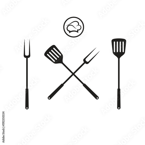 Grill fork and spatula tools icon vector set template. Barbecue or BBQ symbol silhouette 