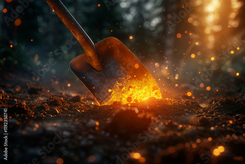 Shovel hitting the ground, creating burst of glowing sparks in dark soil, symbolizing successful treasure hunt and sense of triumph in quest for hidden treasures photo