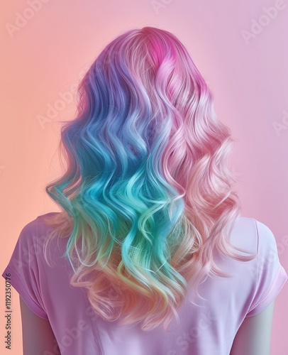 Wallpaper Mural Back view of woman with pastel rainbow colored hair styled in soft wavy curls against gradient background, bright girl hairstyle symbolizing individuality and freedom of expression Torontodigital.ca