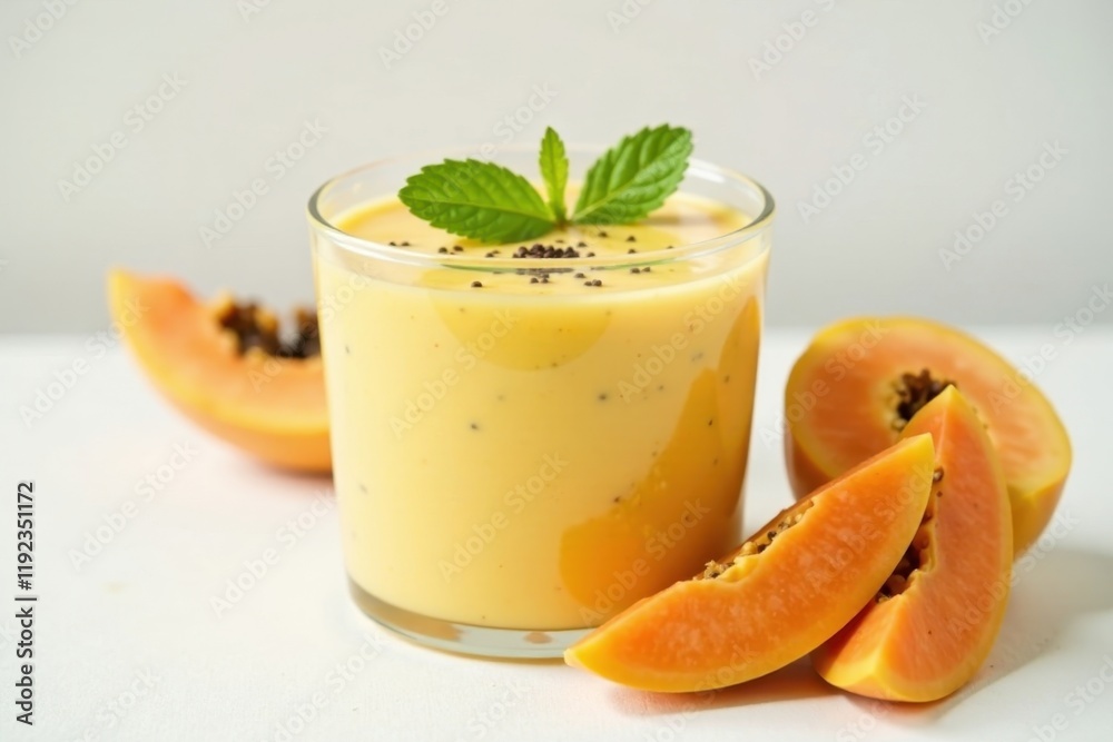 Refreshing Papaya Smoothie in a Glass with Fresh Papaya Slices and Mint Garnish Refreshing Papaya Smoothie in a Glass with Fresh Papaya Slices and Mint Garnish
