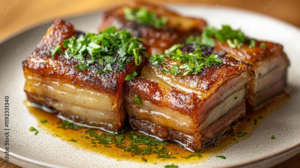 A plate of fried pork belly, crispy and golden, drizzled with fish sauce, with a light garnish of herbs, set on a wooden surface with subtle ambient light highlighting the texture A plate of fried pork belly, crispy and golden, drizzled with fish sauce, with a light garnish of herbs, set on a wooden surface with subtle ambient light highlighting the texture