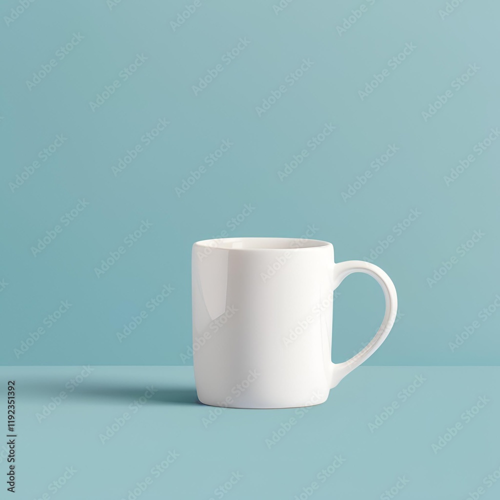 Blank white mug mockup on blue background.