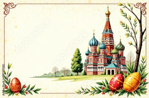 Retro postcard with an inscription depicting an Orthodox church in traditional Russian artistic style on a white background, decorated with willow branches. The postcard also features colorful painted