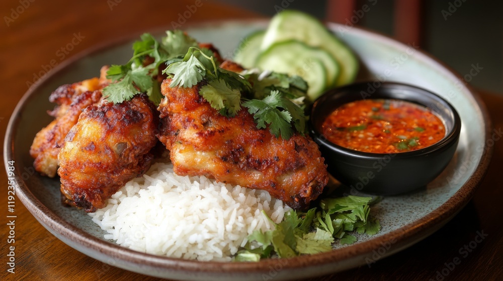 A plate of perfectly fried chicken with a crisp exterior, served with aromatic rice, fresh herbs, and a small bowl of dipping sauce, all set on a simple plate A plate of perfectly fried chicken with a crisp exterior, served with aromatic rice, fresh herbs, and a small bowl of dipping sauce, all set on a simple plate