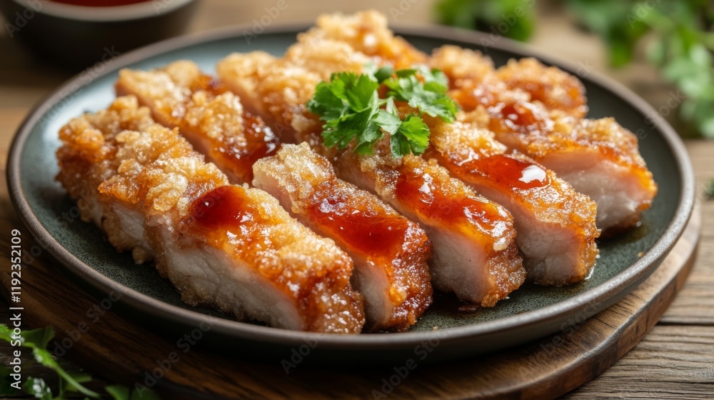 A plate of perfectly fried pork belly with a crispy, golden texture, drizzled with savory fish sauce, set against a rustic wooden table with natural lighting A plate of perfectly fried pork belly with a crispy, golden texture, drizzled with savory fish sauce, set against a rustic wooden table with natural lighting