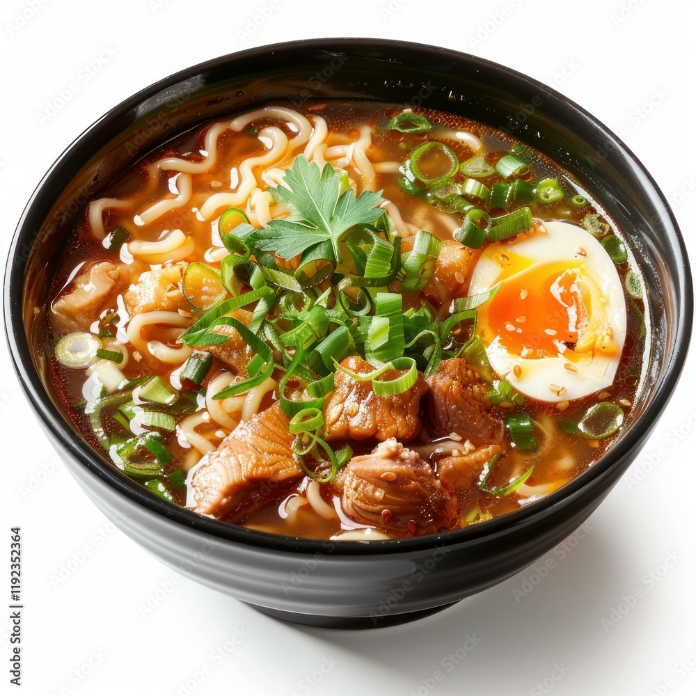 Steaming hot bowl of ramen soup featuring noodles, sliced pork, half a boiled egg, chopped green onions, and parsley Steaming hot bowl of ramen soup featuring noodles, sliced pork, half a boiled egg, chopped green onions, and parsley