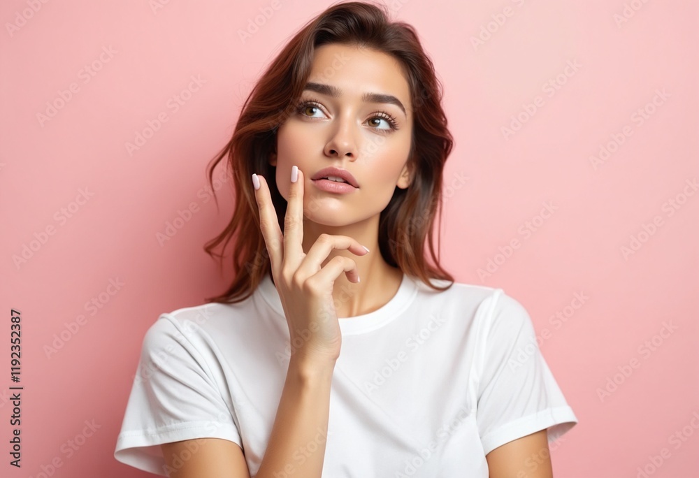 Pensive young woman in casual white t-shirt posing isolated on pink wall, studio portrait. People emotions lifestyle concept. Mock up copy space. Put hand prop up on chin, looking up Pensive young woman in casual white t-shirt posing isolated on pink wall, studio portrait. People emotions lifestyle concept. Mock up copy space. Put hand prop up on chin, looking up