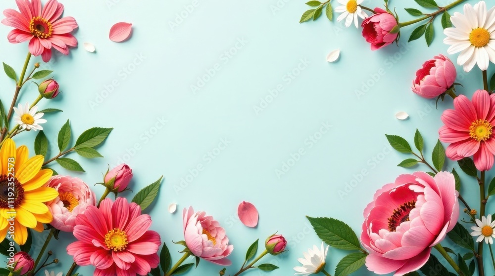 Fototapeta premium Pastel Floral Border Design Featuring Various Blossoms and Greenery on a Light Blue Background