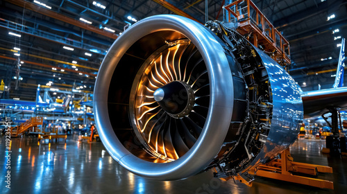 close up view of jet engine showcasing intricate details and design. powerful turbine reflects advanced technology used