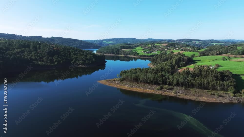 Aerial View Of Portodemouros Reservoir In Daytime In La Coruña, Spain. Aerial View Of Portodemouros Reservoir In Daytime In La Coruña, Spain.