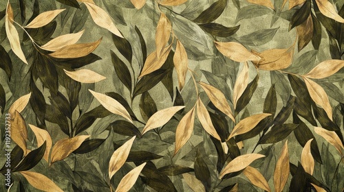 Wallpaper Mural Golden and Green Botanical Watercolor Leaves Pattern Torontodigital.ca