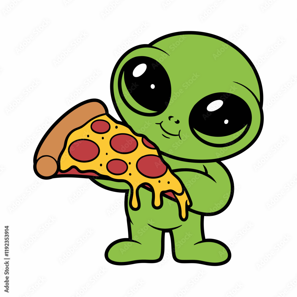 Fototapeta premium Cute Green Alien Holding Pepperoni Pizza Slice Illustration