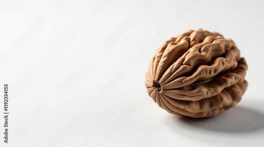 Close-up view of a single, whole, light brown nut on a plain white background. Close-up view of a single, whole, light brown nut on a plain white background.