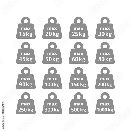 Maximum weight in kilograms icon set. Max kg load capacity vector icons.