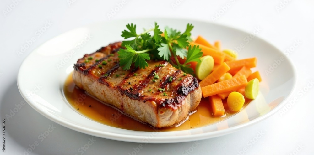 Grilled Pork Chop with Glazed Carrots and Parsley Garnish on a White Plate Grilled Pork Chop with Glazed Carrots and Parsley Garnish on a White Plate