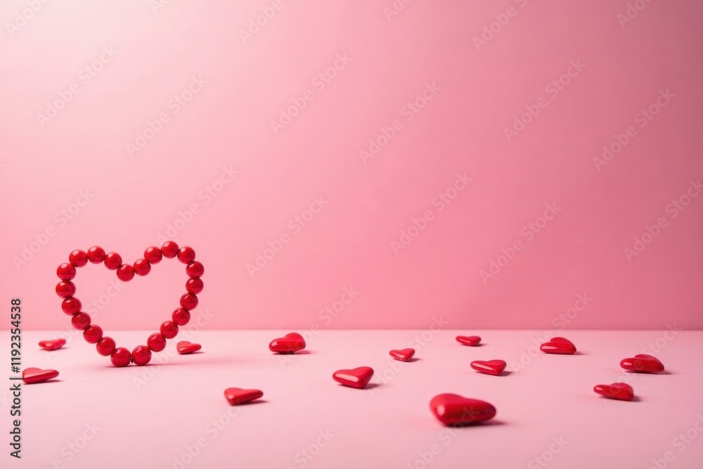A large heart formed from small red spheres rests on a pink surface, surrounded by scattered smaller red hearts. A minimalist Valentine's Day or romantic concept. A large heart formed from small red spheres rests on a pink surface, surrounded by scattered smaller red hearts. A minimalist Valentine's Day or romantic concept.