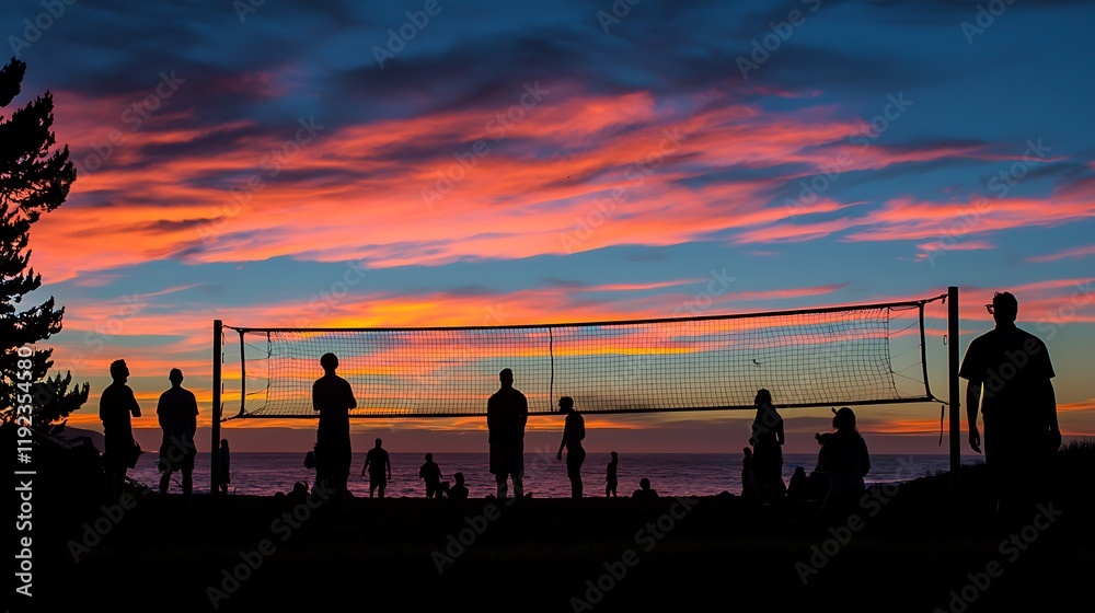Fototapeta premium Sunset beach volleyball game silhouettes, ocean background