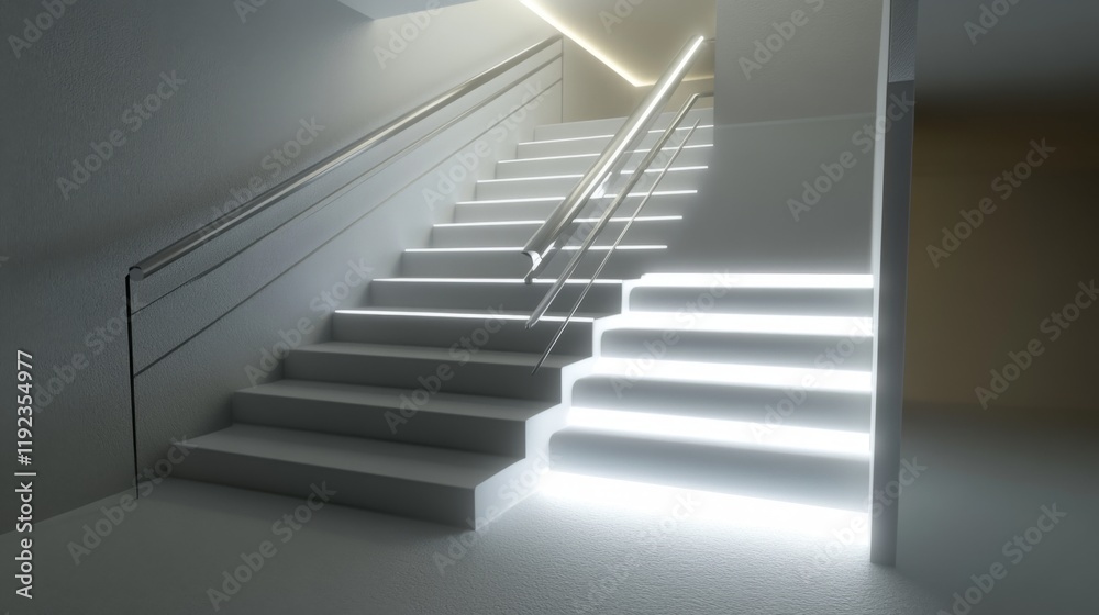 A simple, modern staircase with clean white steps, a sleek metal railing, and soft ambient lighting, creating a minimalist entryway A simple, modern staircase with clean white steps, a sleek metal railing, and soft ambient lighting, creating a minimalist entryway
