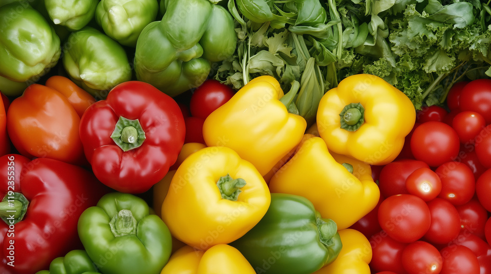 Vibrant Bell Peppers and Tomatoes: A colorful, close-up shot of bell peppers in red, yellow, and green, alongside plump red tomatoes. Vibrant Bell Peppers and Tomatoes: A colorful, close-up shot of bell peppers in red, yellow, and green, alongside plump red tomatoes.
