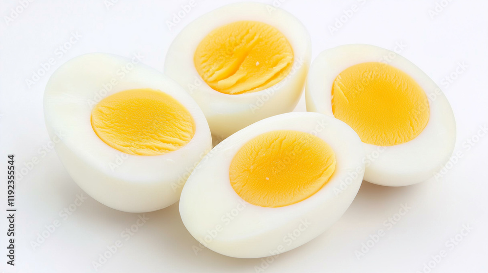 Hard-Boiled Eggs: Four halves of perfectly cooked hard-boiled eggs, showcasing vibrant yellow yolks and firm white egg whites, arranged artfully for a clean and healthy food photography image. Hard-Boiled Eggs: Four halves of perfectly cooked hard-boiled eggs, showcasing vibrant yellow yolks and firm white egg whites, arranged artfully for a clean and healthy food photography image.