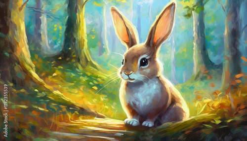 Rabbit in forest landscape with trees, oil painting style. Wildlife charm and serene beauty of nature