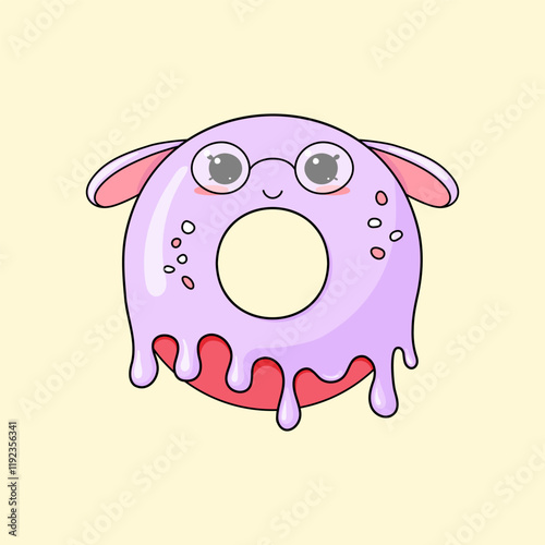 Cute donut character with happy emotions, face, smile, eyes and ears. Donut with glasses. Hand drawn Colorful flat vector illustration