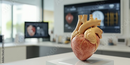 A detailed model of a human heart showcased in a modern medical environment. This high-quality image serves educational and illustrative purposes for health topics. AI