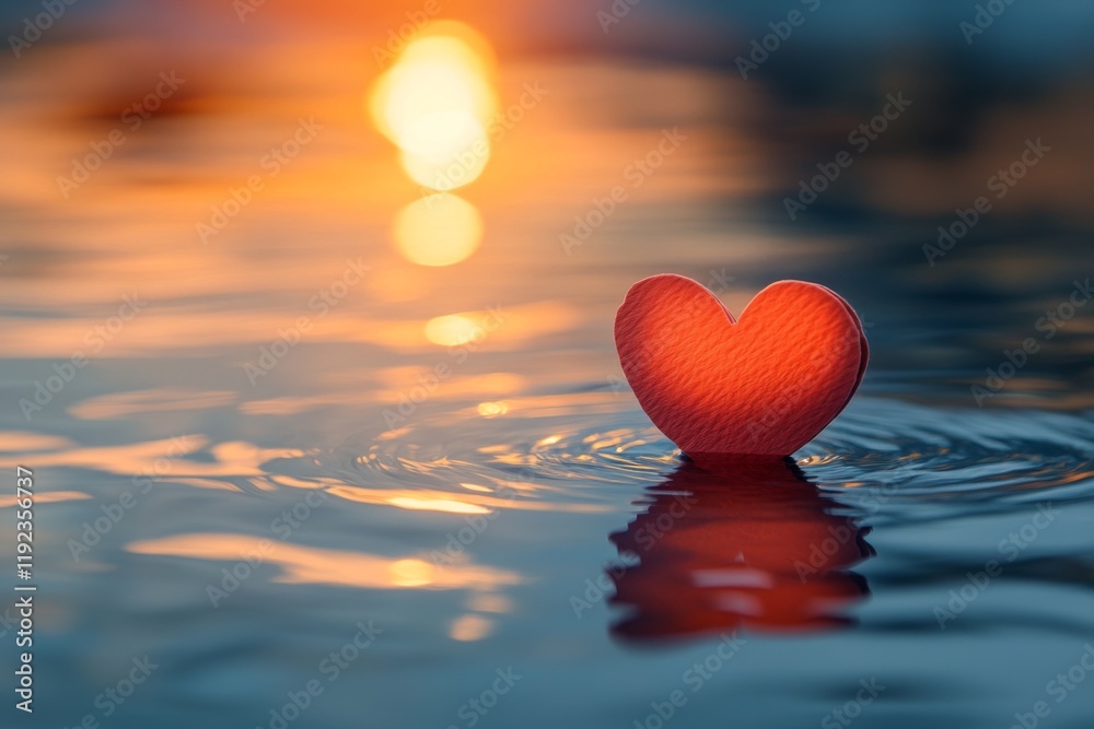 Fototapeta premium Red heart-shaped object floating on rippled water
