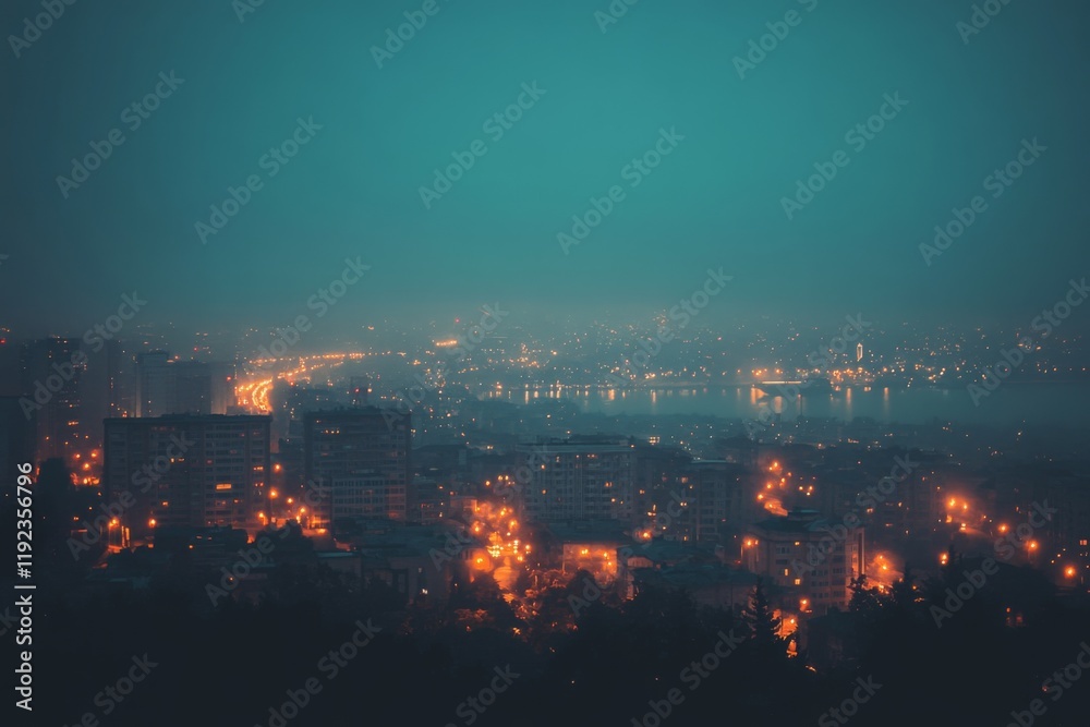 Obraz premium Cityscape at night with glowing lights and deep blue sky