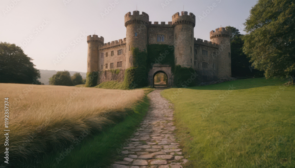 Naklejka premium Ancient stone castle surrounded by lush green grass
