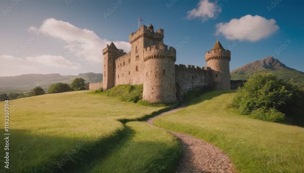 Ancient stone castle surrounded by lush green grass Ancient stone castle surrounded by lush green grass
