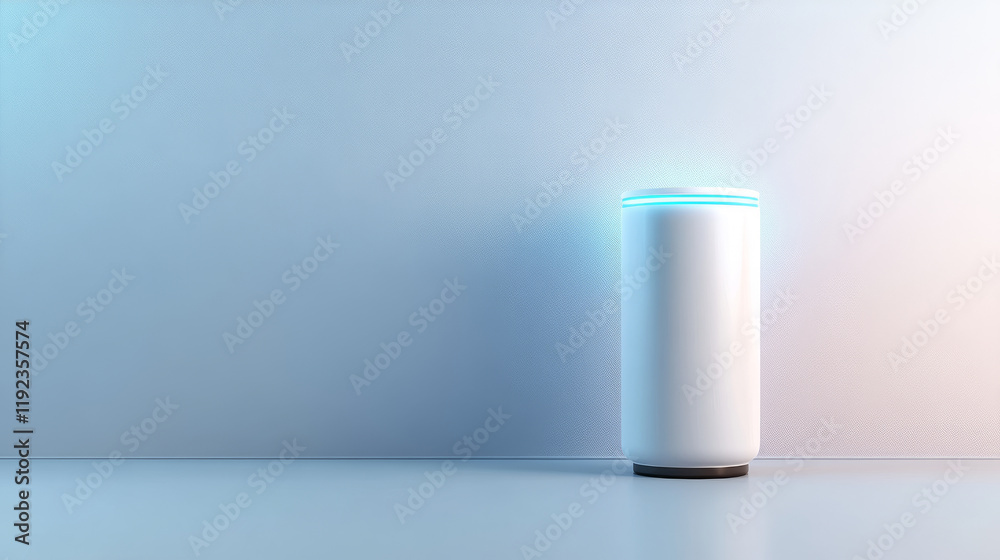 Smart speaker on minimalist surface with soft blue lighting, showcasing modern technology and design. Ideal for home automation and music streaming Smart speaker on minimalist surface with soft blue lighting, showcasing modern technology and design. Ideal for home automation and music streaming
