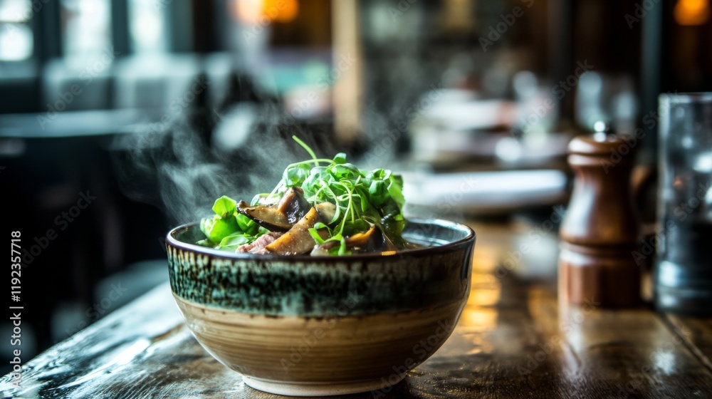 A steaming bowl of clear broth in a shabu pot with slices of pork, mushrooms, and leafy greens being dipped in, placed on a wooden table with condiments A steaming bowl of clear broth in a shabu pot with slices of pork, mushrooms, and leafy greens being dipped in, placed on a wooden table with condiments