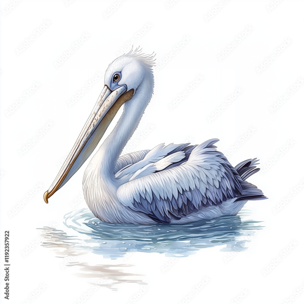 Illustration of the Dalmatian Pelican in the water, soft watercolor tones, white background, detailed illustration, cartoonish. Illustration of the Dalmatian Pelican in the water, soft watercolor tones, white background, detailed illustration, cartoonish.