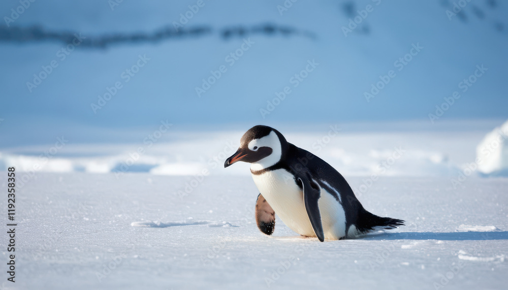 Fototapeta premium Close-up of penguin sliding across ice with sparkling snow and blurred penguin background