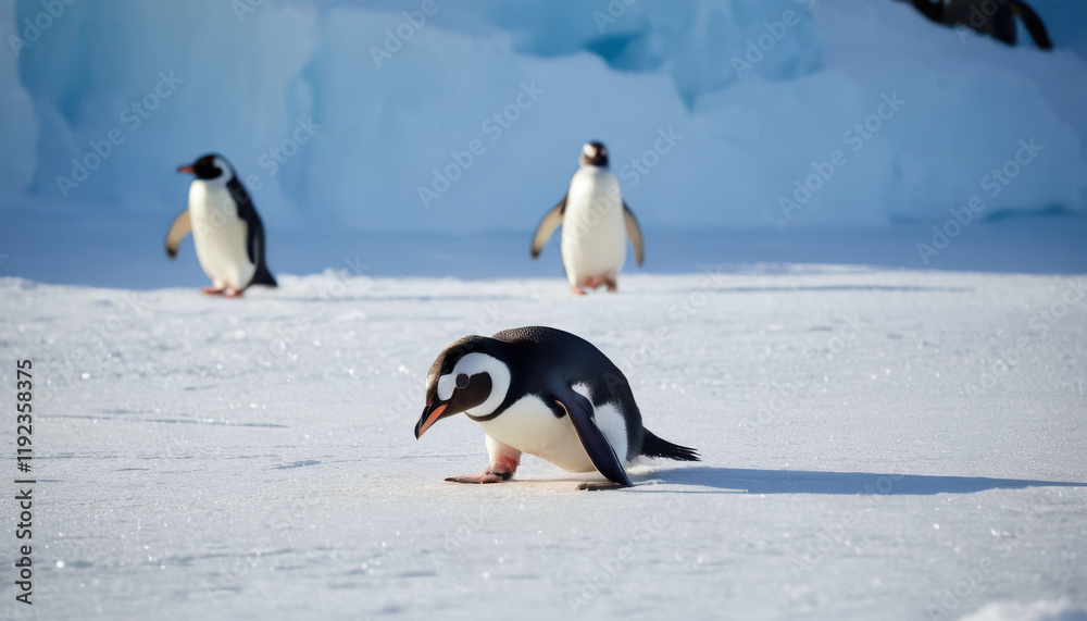 Obraz premium Close-up of penguin sliding across ice with sparkling snow and blurred penguin background