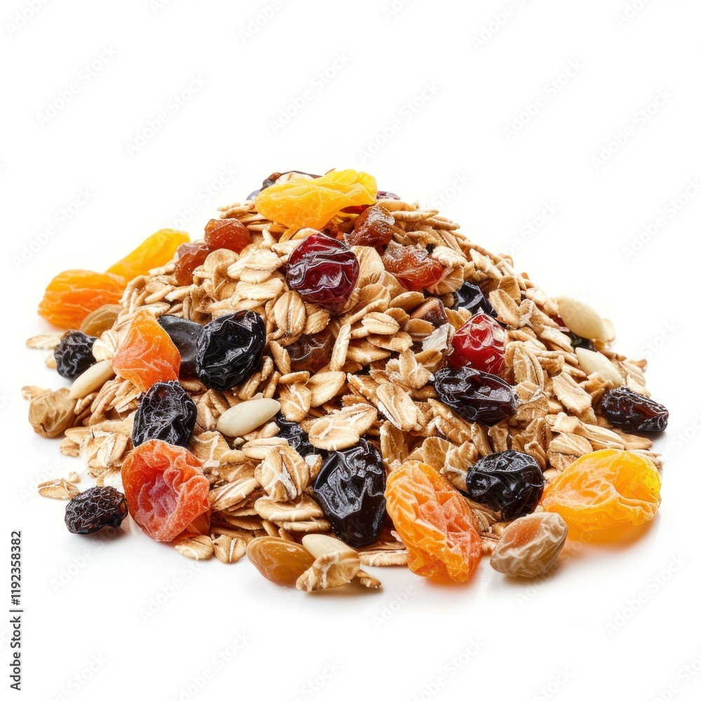 Pile of oat flakes, raisins, nuts and dried apricots forming a healthy breakfast isolated on white background Pile of oat flakes, raisins, nuts and dried apricots forming a healthy breakfast isolated on white background