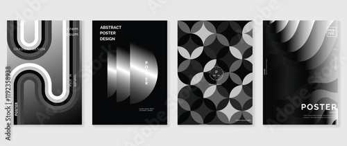 Abstract monochrome gradient poster background vector set. Modern cover template with black and white perspective geometric prism shapes. Ideal design for social media, banner, ads.