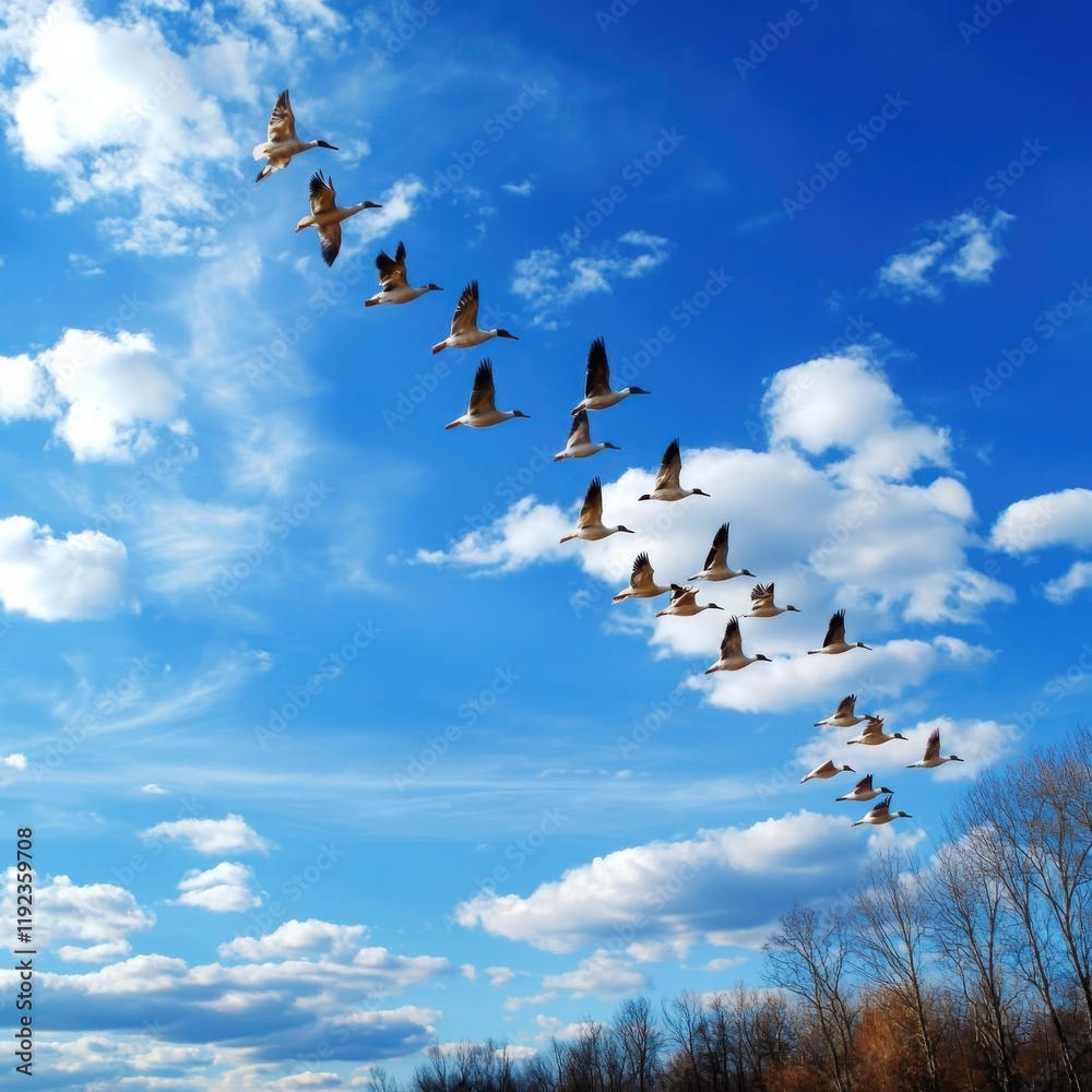 Obraz premium Flocks of migrating birds flying south for winter open sky nature photography serene environment aerial view seasonal change