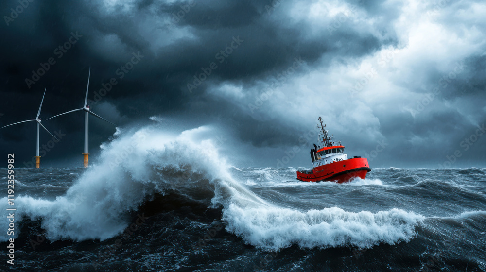 Naklejka premium tugboat navigating through stormy seas near offshore wind turbines, showcasing resilience
