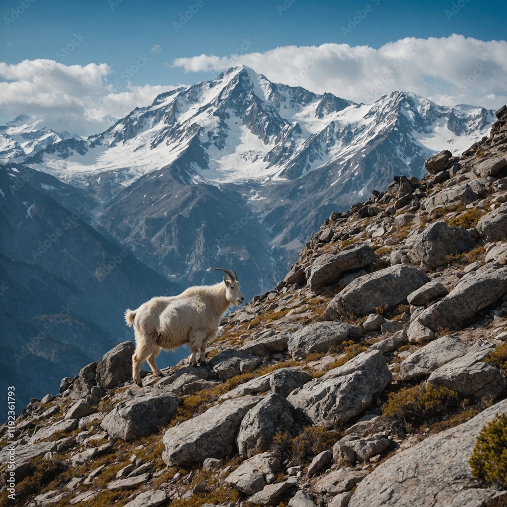 Naklejka premium A mountain goat scaling rocky terrain with distant snow-capped peaks.