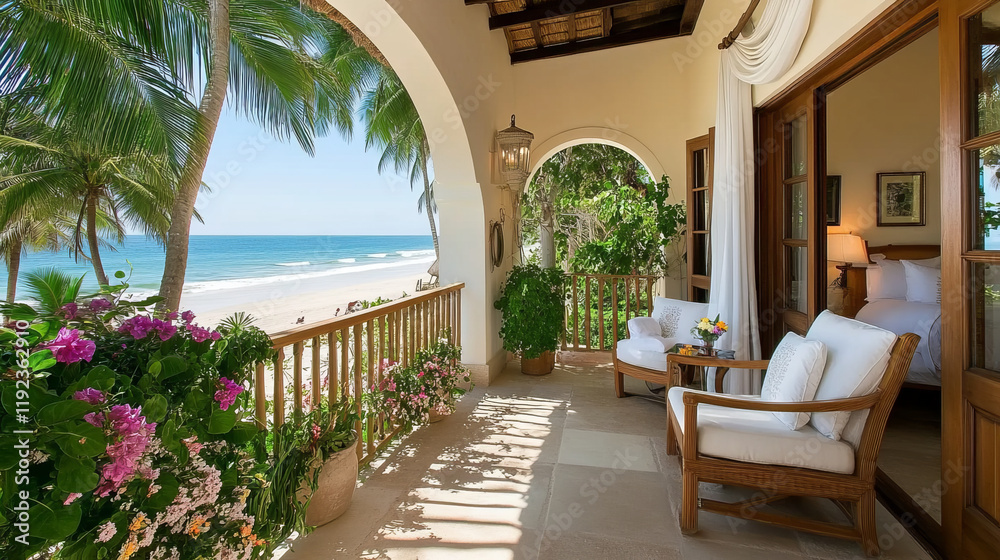 Fototapeta premium serene beachfront view from luxurious balcony, featuring tropical plants and comfortable seating. ocean waves gently lap against shore, creating peaceful atmosphere