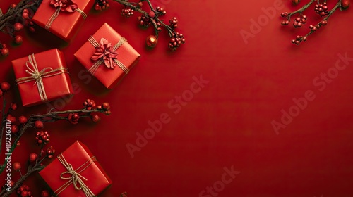 A festive arrangement of red gift boxes and decorative branches on a vibrant red background.
