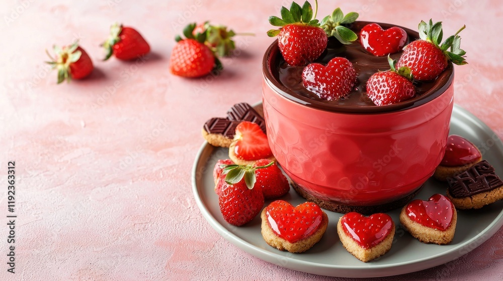 Romantic Chocolate Fondue with Strawberries and Heart Shaped Cookies for Valentine s Day Romantic Chocolate Fondue with Strawberries and Heart Shaped Cookies for Valentine s Day
