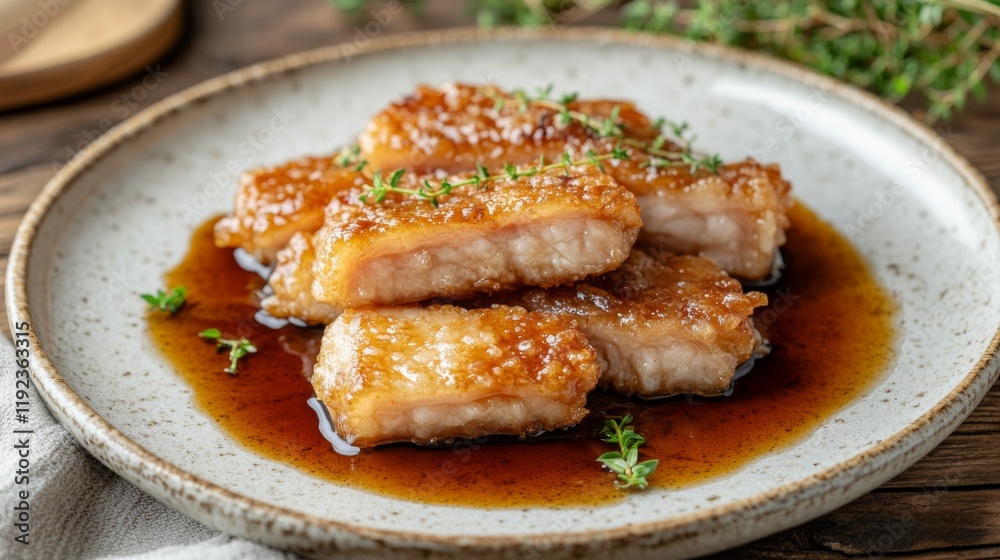 A wide shot of crispy fried pork belly pieces drizzled with savory fish sauce, placed on a rustic plate with a hint of fresh herbs, captured with soft lighting