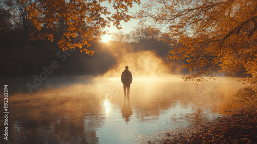Serene autumn morning with mist over a lake and a silhouette standing in calm water