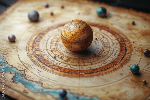 Map of the solar system with small, round object in the center. Old and has vintage feel to it