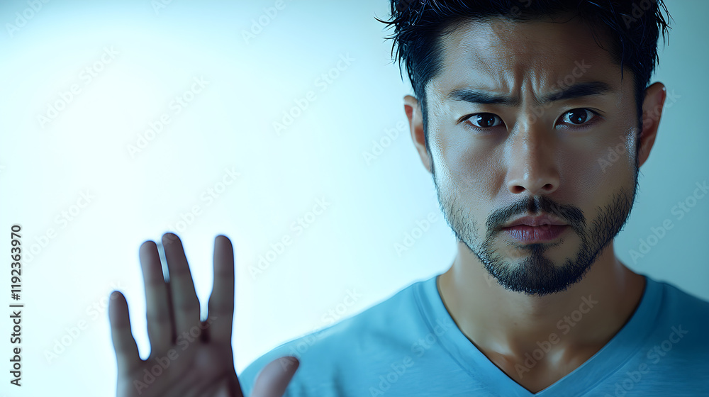 Naklejka premium a man with a beard and a blue shirt