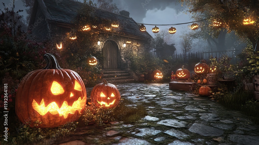 A spooky Halloween scene featuring carved pumpkins and a charming cottage in a misty setting. A spooky Halloween scene featuring carved pumpkins and a charming cottage in a misty setting.